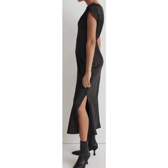 Madewell Belinda Wide V Neck Satin Chic Midi Side Slit Dress US Women's 2 New - Picture 2 of 10